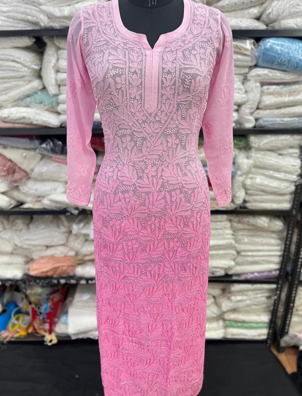 Blush Pink Viscose Georgette Resham Embroidered Kurti