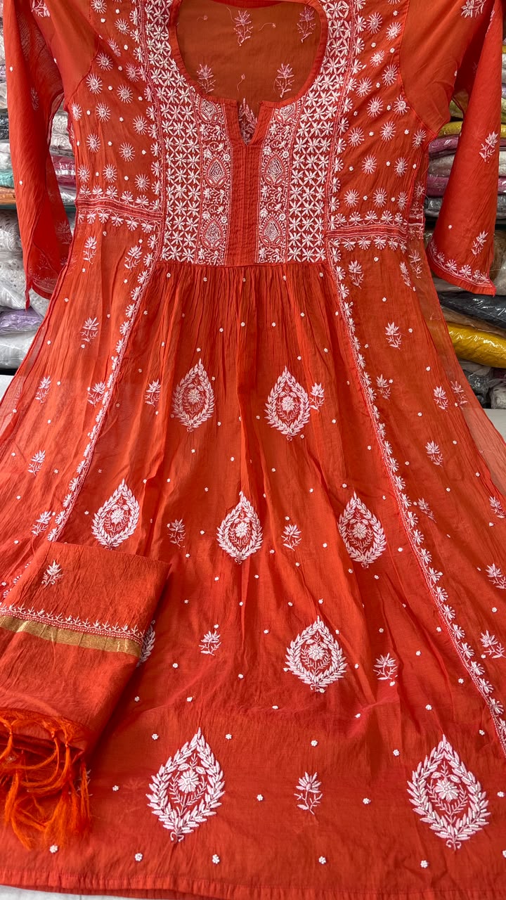 Orange Mul Chanderi Embroidered Suit Set