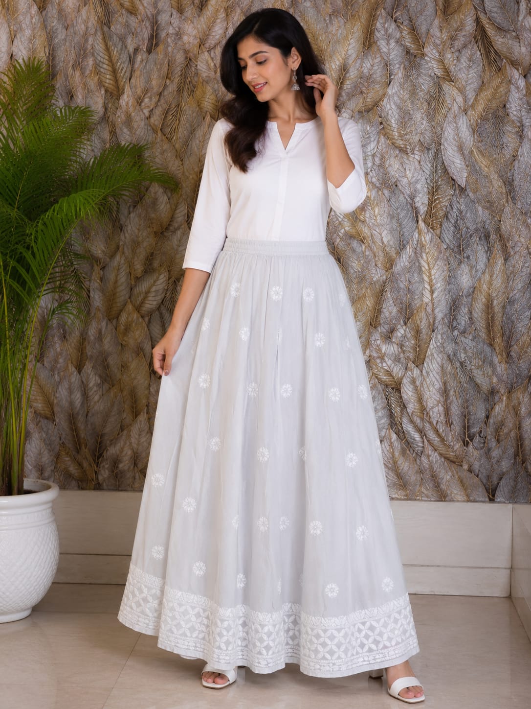 Chikankari Skirts With Ghass patti - White