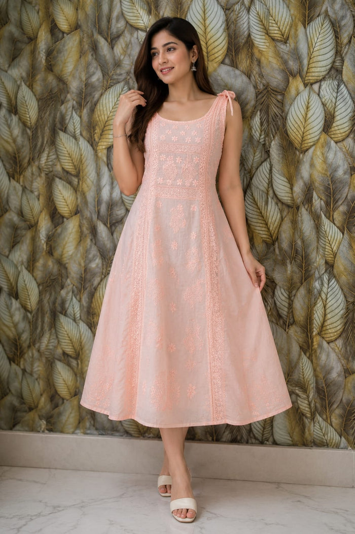 Chikankari Strip Gown-Baby Pink