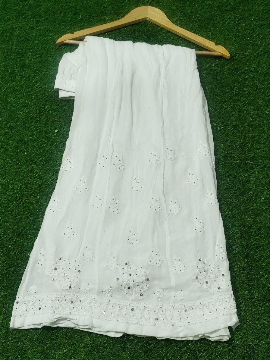 White Viscose Georgette Embroidered Palazzo