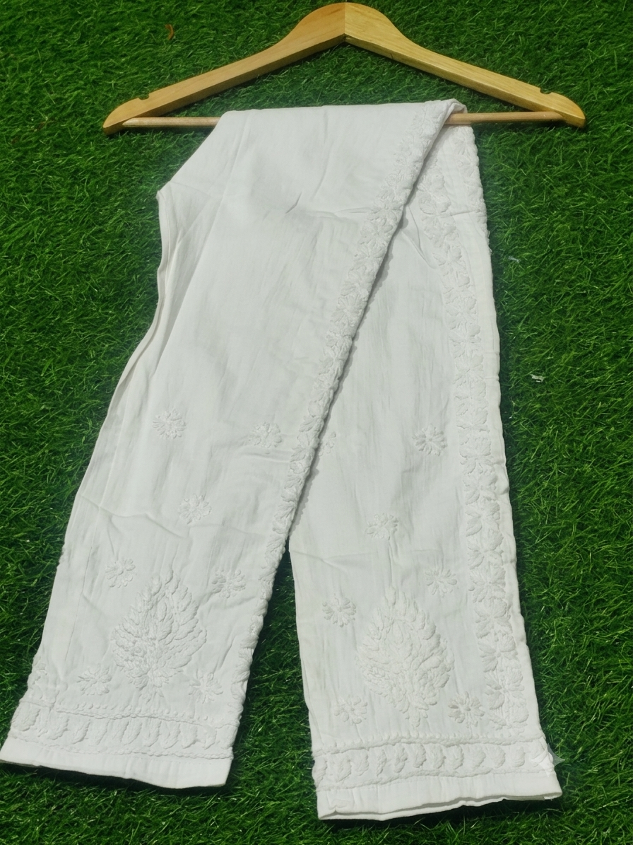 Elegant Off-White/White Cotton Lycra Embroidered Pants