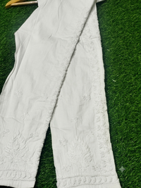 Elegant Off-White/White Cotton Lycra Embroidered Pants