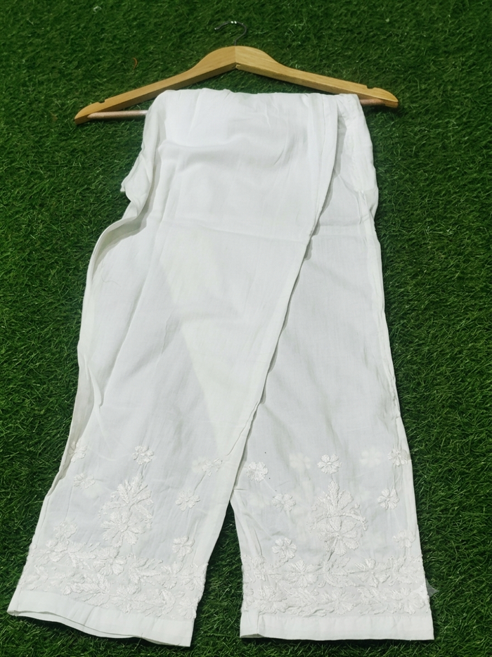White Cotton Embroidered Pants