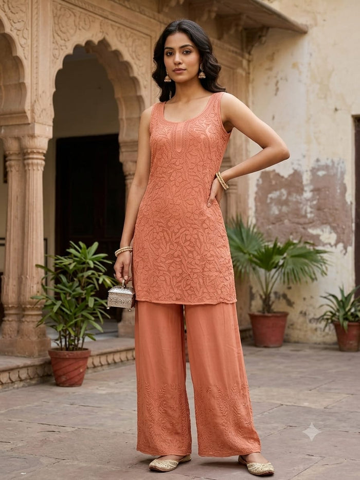 Chikankari Noodle Strip Set-Light Orange
