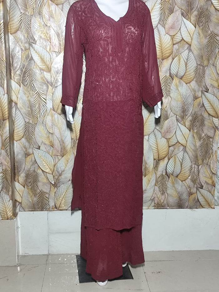 Viscose Georgette Lucknowi Chikankari Set Maroon / Wine Viscose Chikankari Set