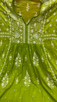 Olive Green / Chartreuse Mul Chanderi Hand-Embroidered Suit Set