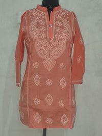 Chikankari Peach /coral short Cotton  Kurti