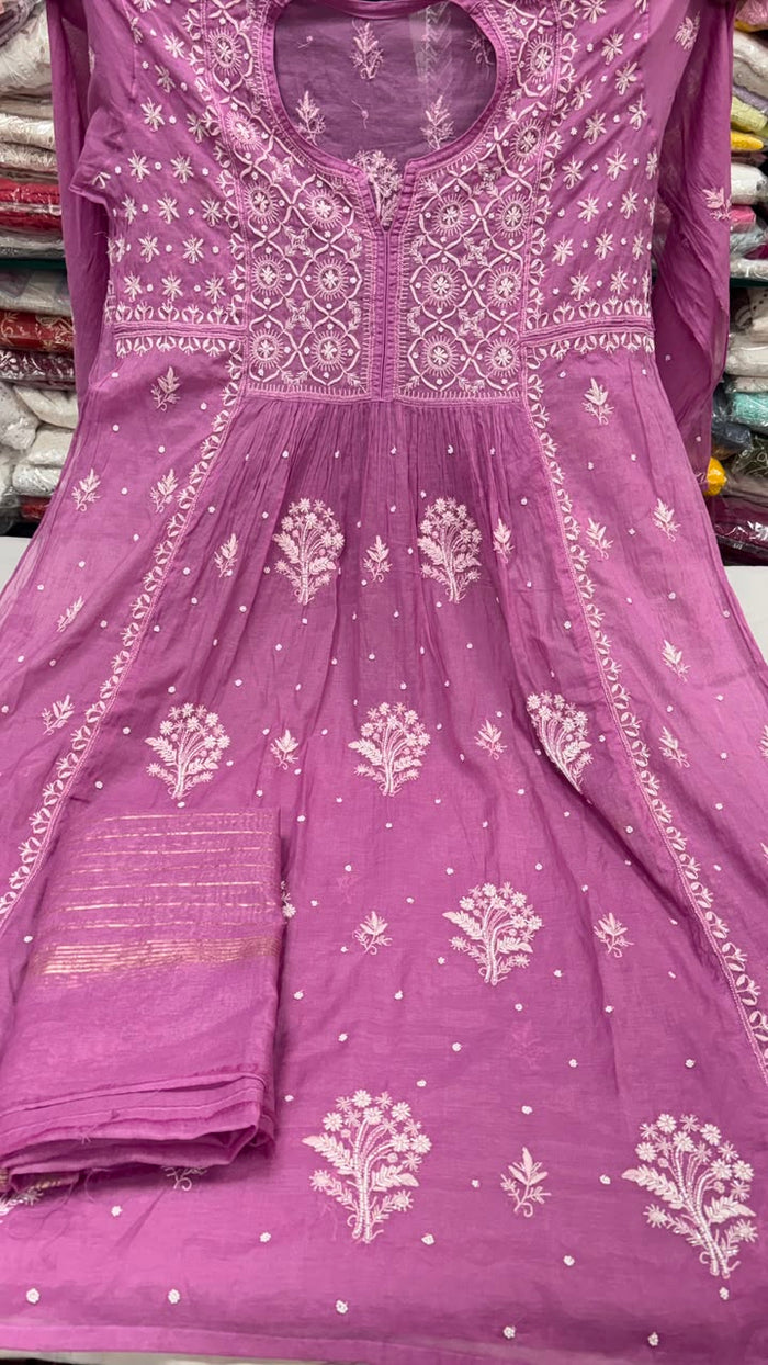Orchid Violet Mul Chanderi Unstitched Anarkali Suit Set
