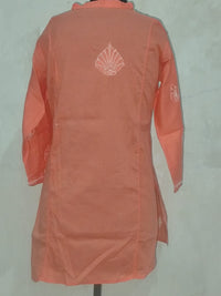 Chikankari Peach /coral short Cotton  Kurti