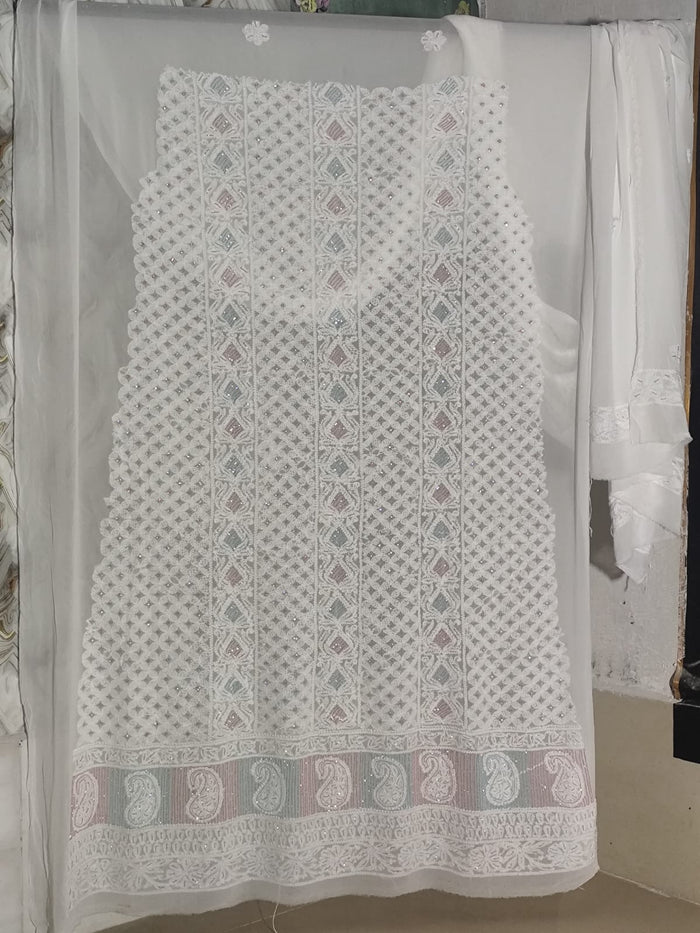 Hand Embroidered White&nbsp;Viscose&nbsp;Georgette Lucknowi Chikankari&nbsp;Unstitched&nbsp;Kurta&nbsp;Dupatta Set&nbsp;