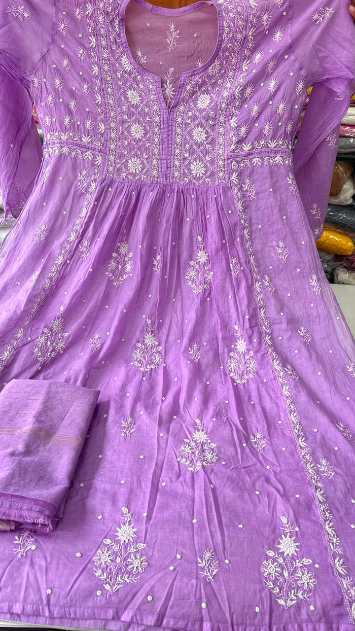 Lavender Mul Chanderi Hand-Embroidered Anarkali Suit Set