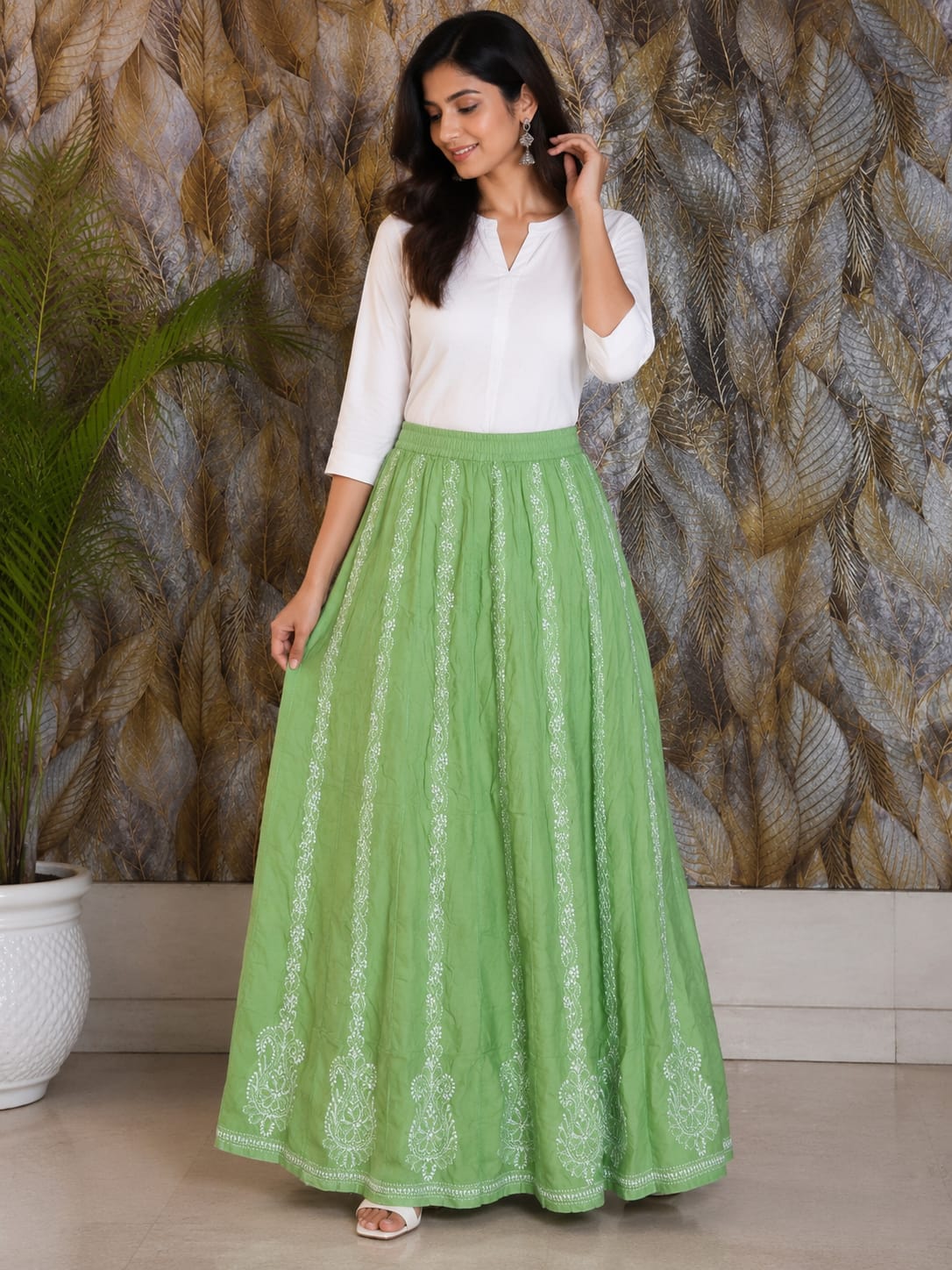 Chikankari Skirt with Bhakhiya work Green