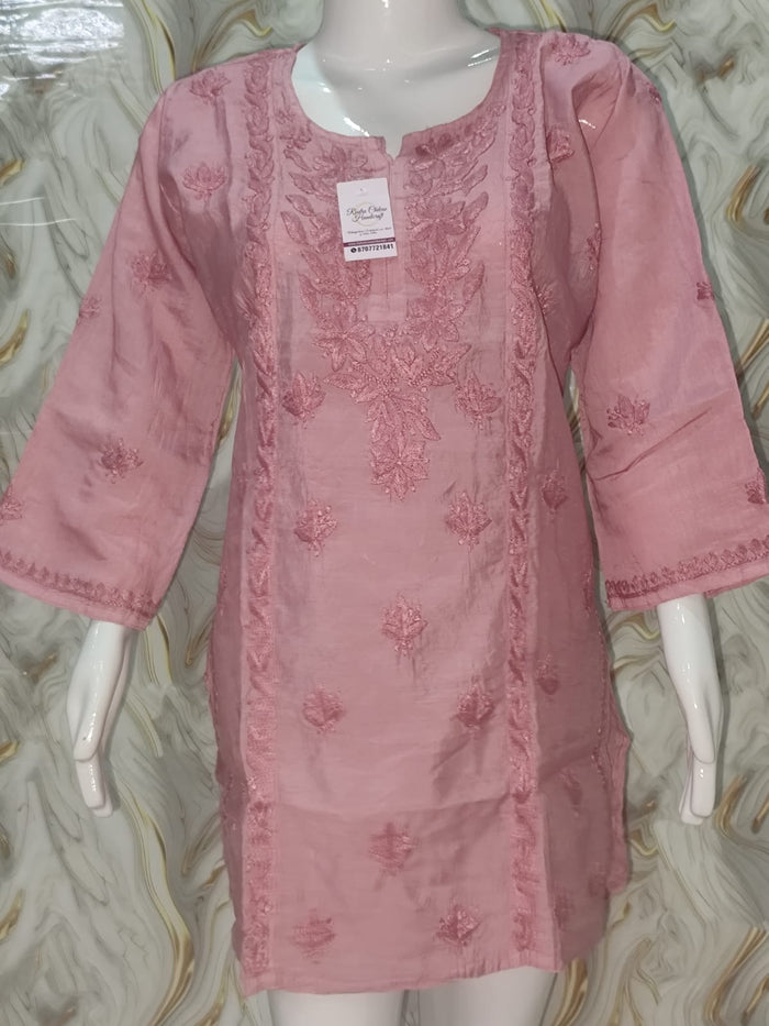 Dusty Pink Hand-Embroidered Chanderi Short Kurti