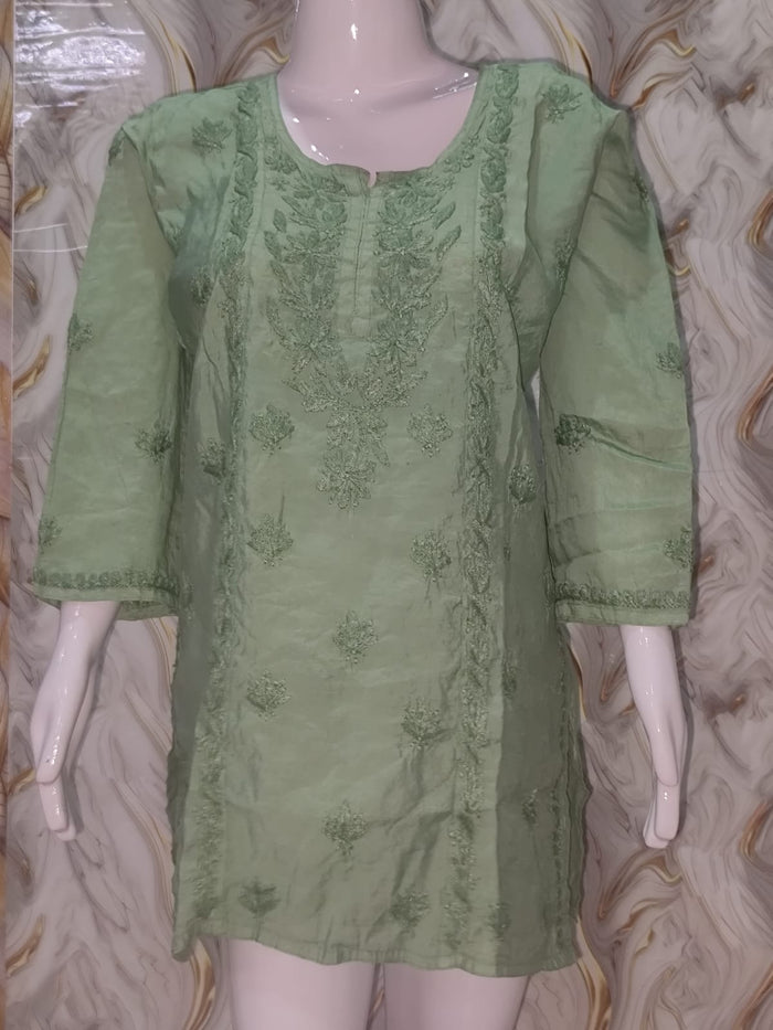 Elegant Sage Green Chanderi Short Kurti with Delicate Embroidery