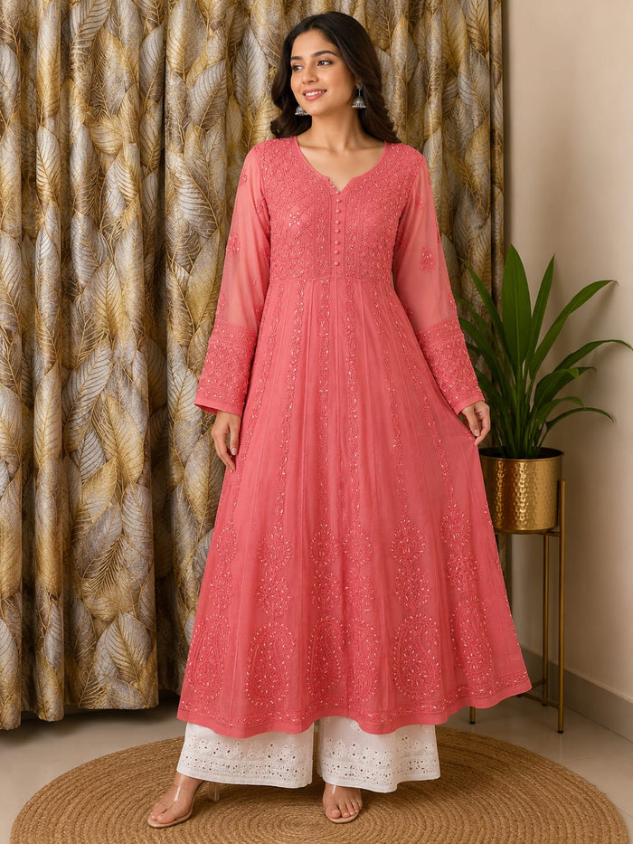 Chikankari Viscous Anarkali  Stitched With Pearl and Sequence Work