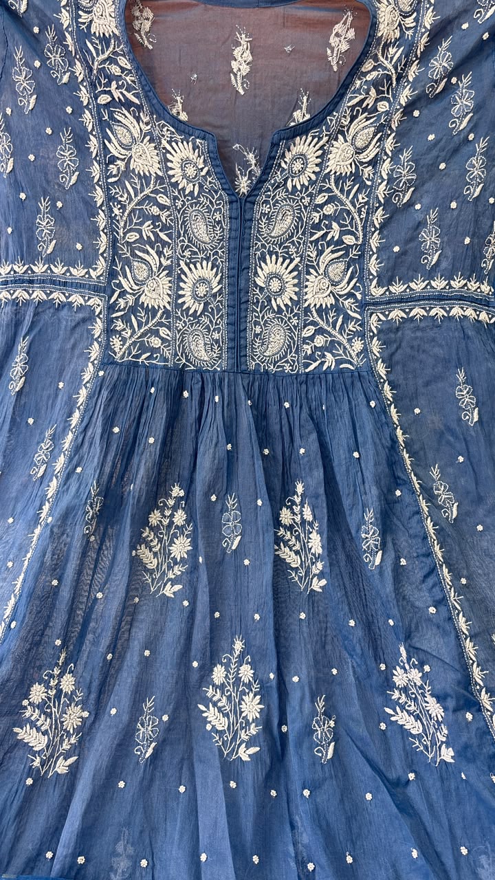 Slate Blue Mul Chanderi Hand Kurti and Dupatta set