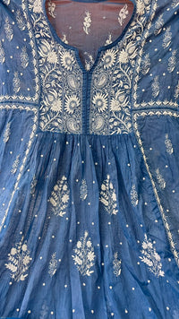 Slate Blue Mul Chanderi Hand Kurti and Dupatta set