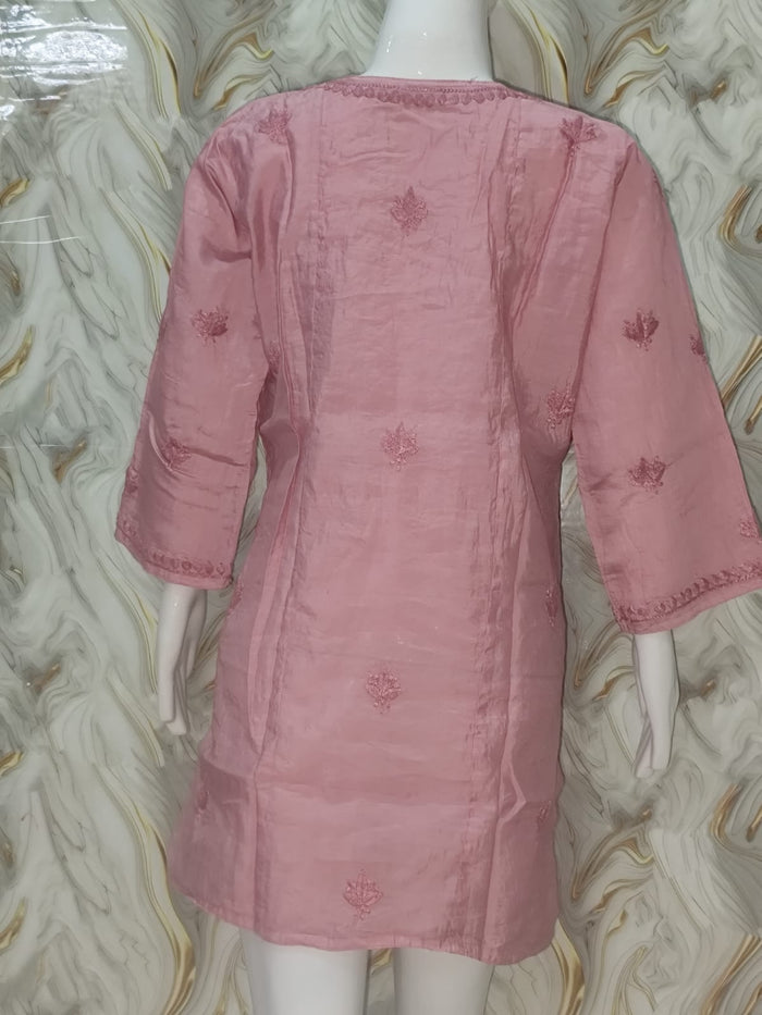Dusty Pink Hand-Embroidered Chanderi Short Kurti