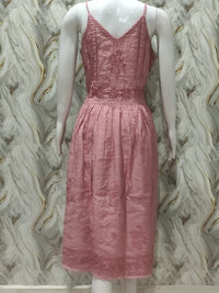 Chikankari Noodle Strip Dress -brick Red