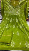 Olive Green / Chartreuse Mul Chanderi Hand-Embroidered Suit Set