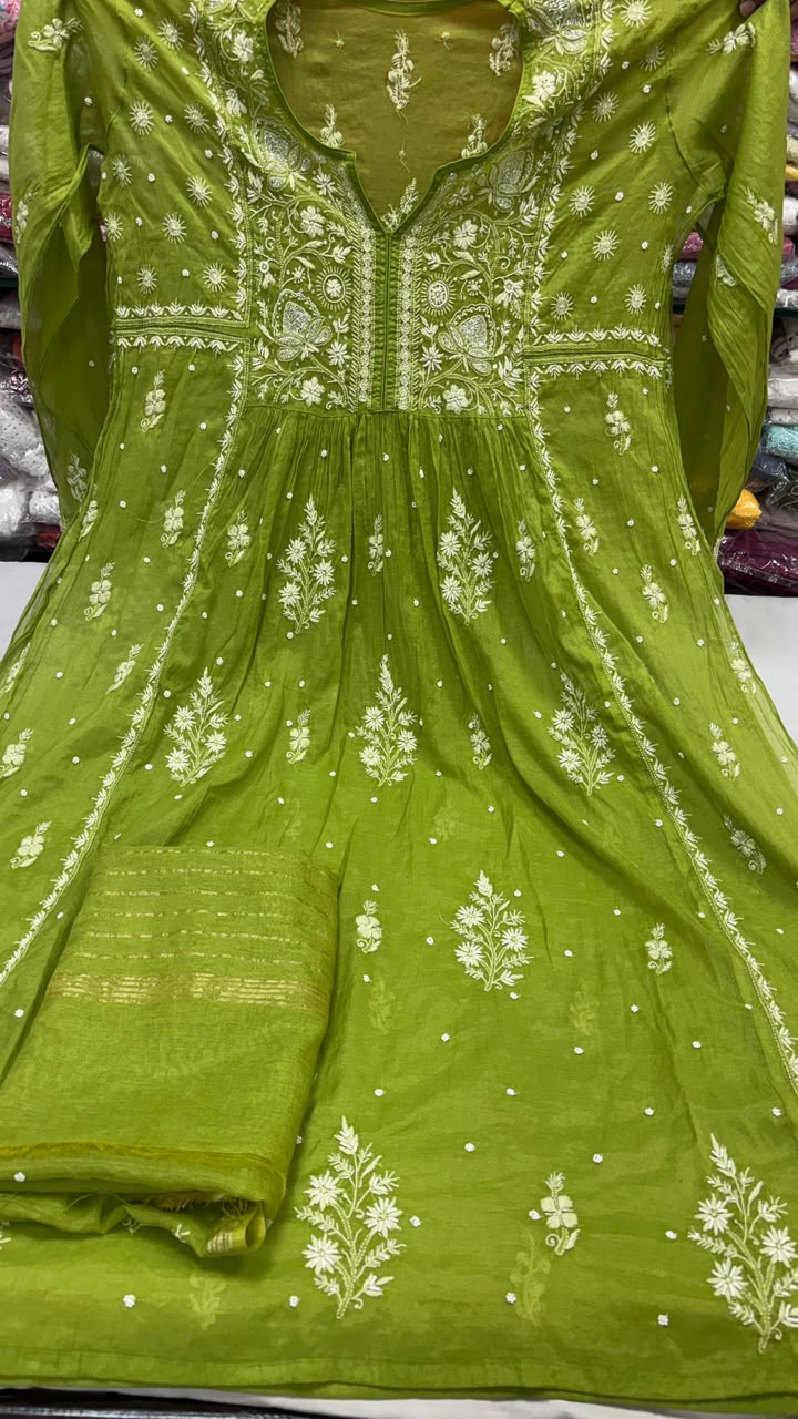 Olive Green / Chartreuse Mul Chanderi Hand-Embroidered Suit Set