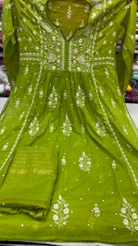Olive Green / Chartreuse Mul Chanderi Hand-Embroidered Suit Set