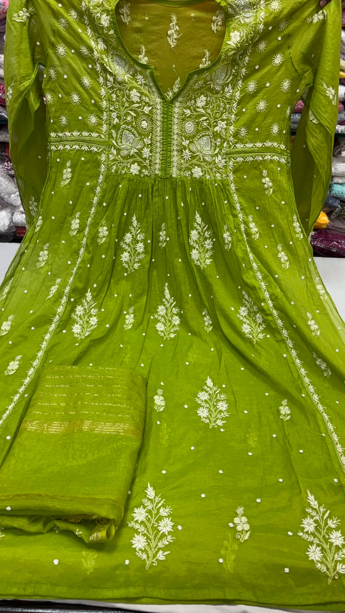 Olive Green / Chartreuse Mul Chanderi Hand-Embroidered Suit Set