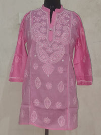 Chikankari Pink Cotton Short Kurti Mandarin (Chinese) collar
