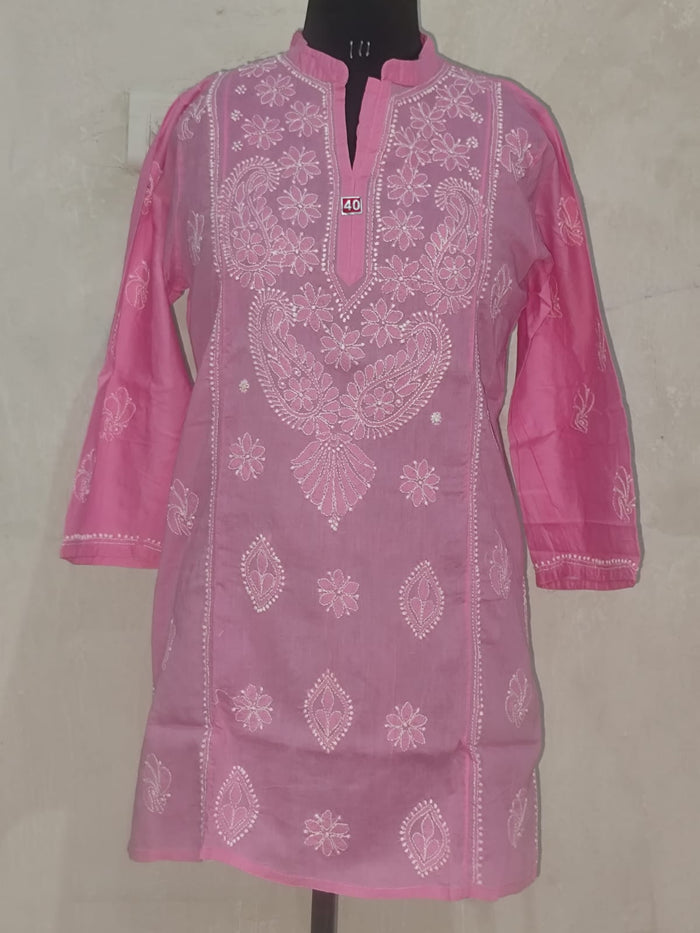 Chikankari Pink Cotton Short Kurti Mandarin (Chinese) collar