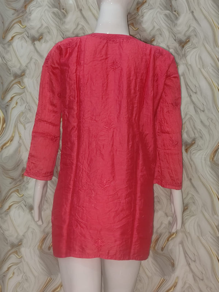 Coral Pink Hand-Embroidered Chanderi Short Kurti