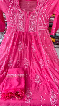 Hot Pink Mul Chanderi Hand-Embroidered Suit Set