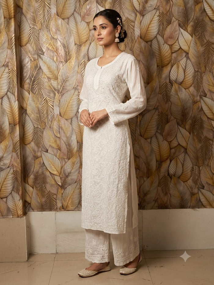 Chikankari Viscous Set White with Mukesh Work