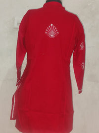 Chikankari Red Cotton Short Kurti with  Chinese collar