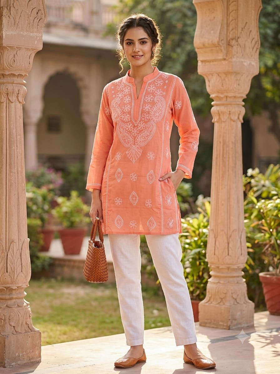 Chikankari Peach /coral short Cotton  Kurti