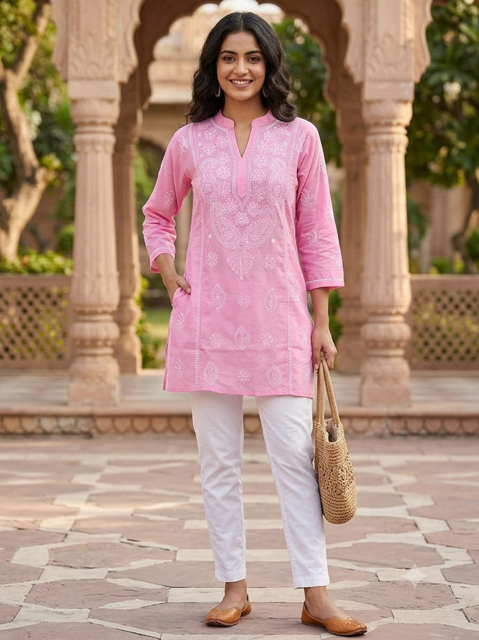 Chikankari Pink Cotton Short Kurti Mandarin (Chinese) collar