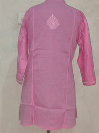 Chikankari Pink Cotton Short Kurti Mandarin (Chinese) collar