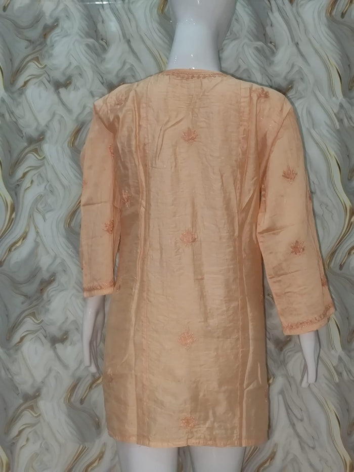 Peach / Light Apricot Hand-Embroidered Chanderi Short Kurti