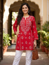Chikankari Red Cotton Short Kurti with  Chinese collar