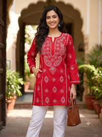 Chikankari Red Cotton Short Kurti with  Chinese collar