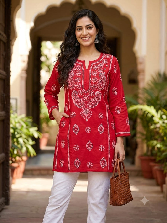 Chikankari Red Cotton Short Kurti with  Chinese collar