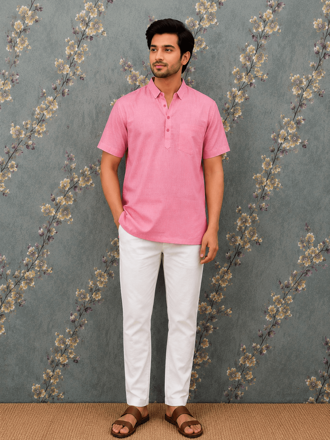Men's Pink Cotton Short Kurta | Casual Ethnic Shirt