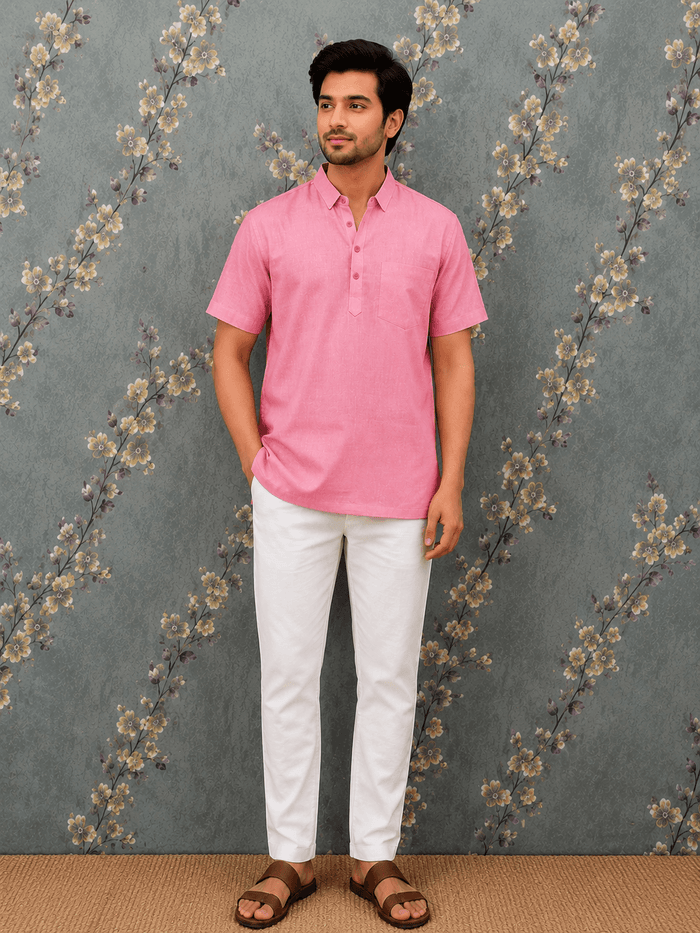 Men's Pink Cotton Short Kurta | Casual Ethnic Shirt