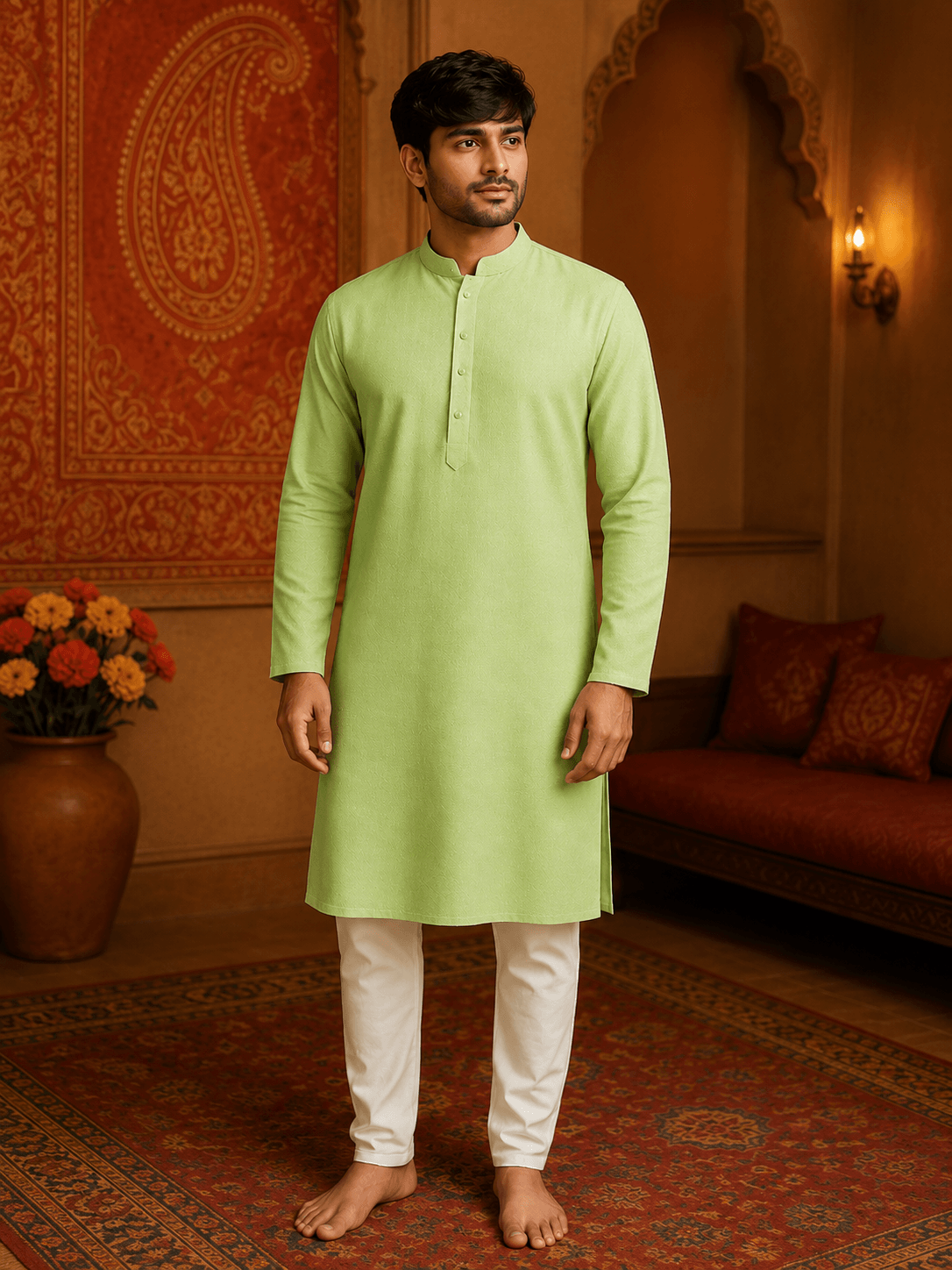 Men's Mint Green Cotton Kurta | Elegant Ethnic Wear