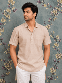 Men's Beige Linen Half Sleeve Casual Kurta Shirt
