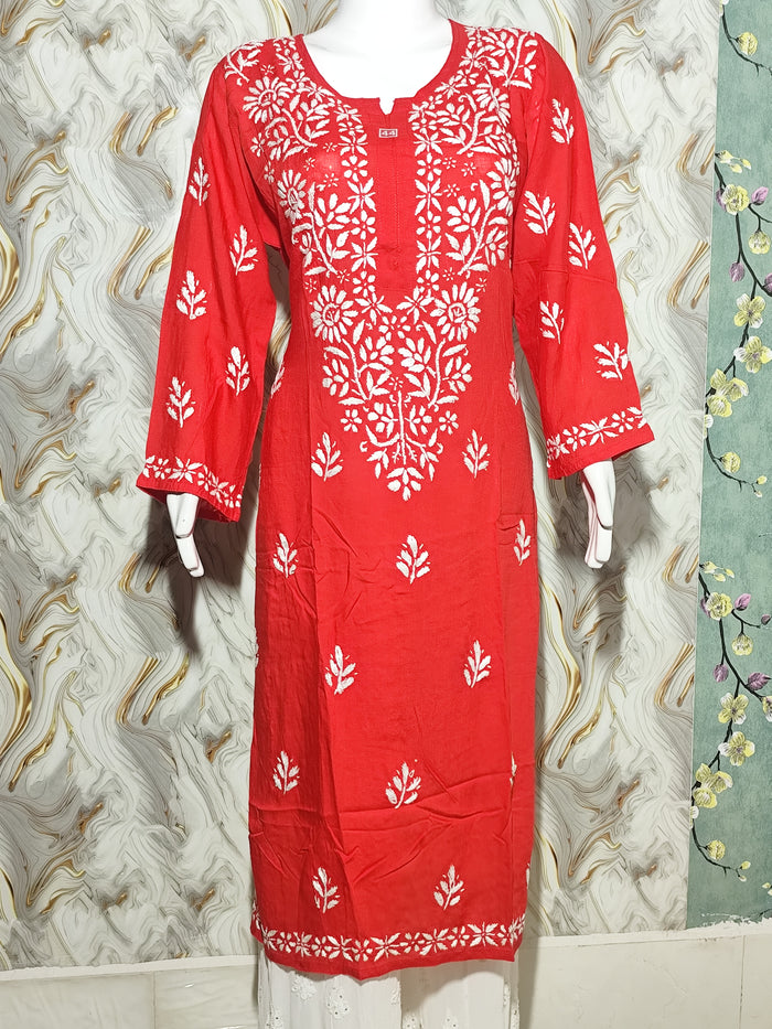 Vibrant Red Lucknowi Chikankari Modal Kurti