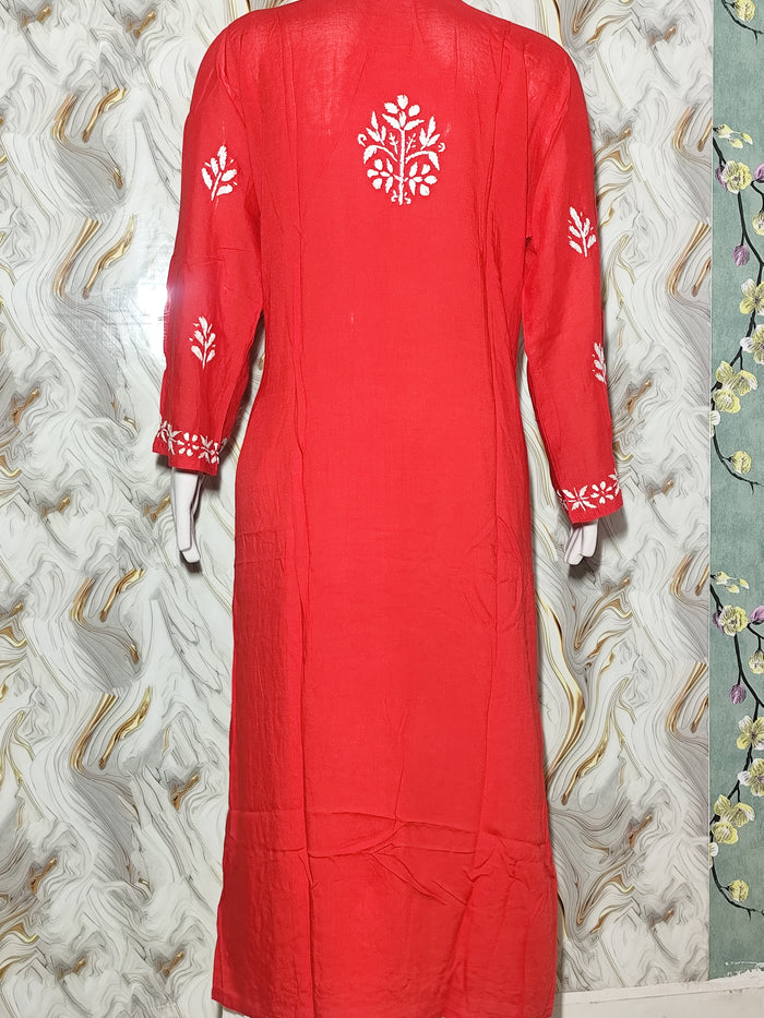Vibrant Red Lucknowi Chikankari Modal Kurti