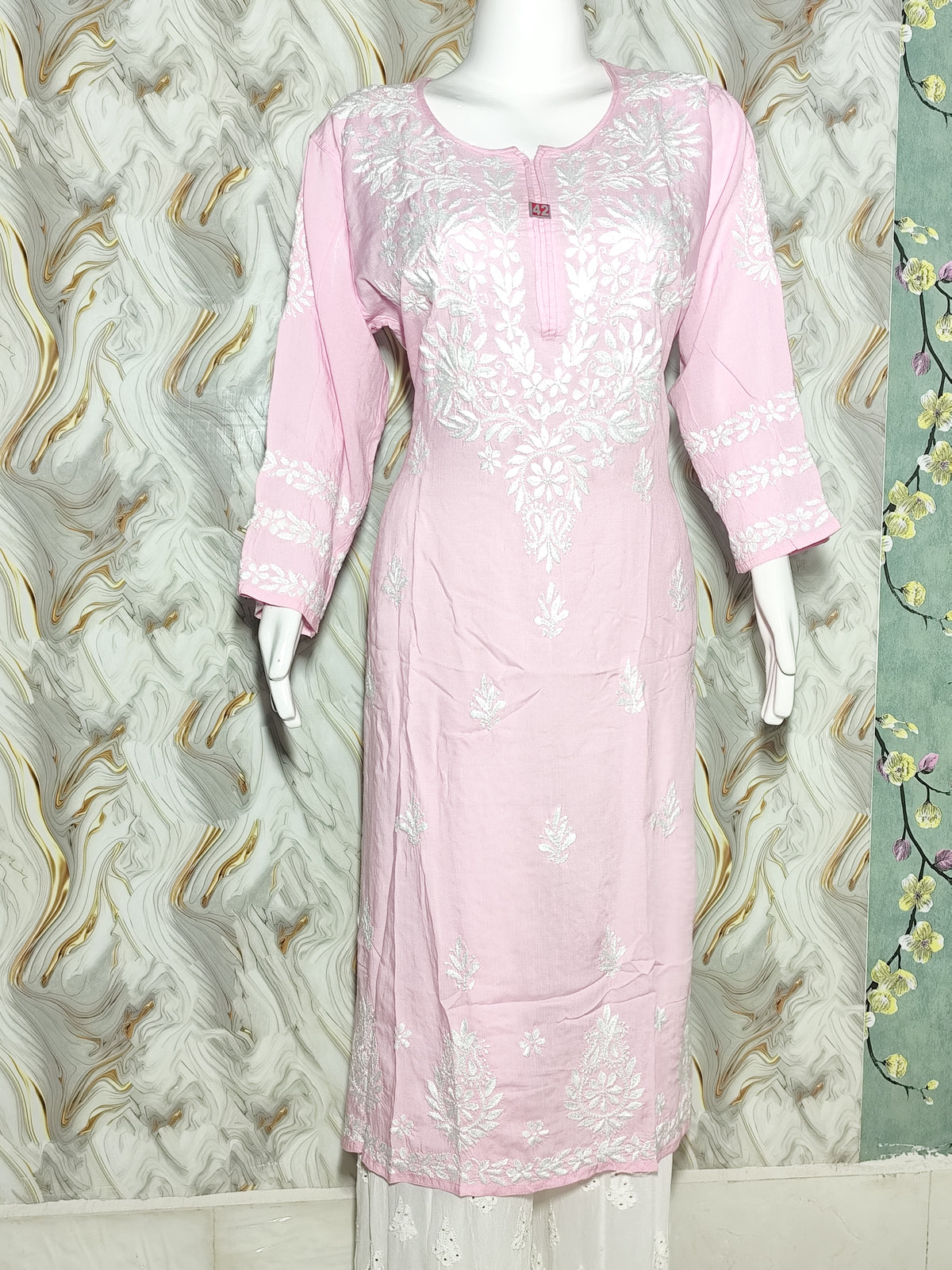 Soft Pink Lucknowi Chikankari Modal Kurti