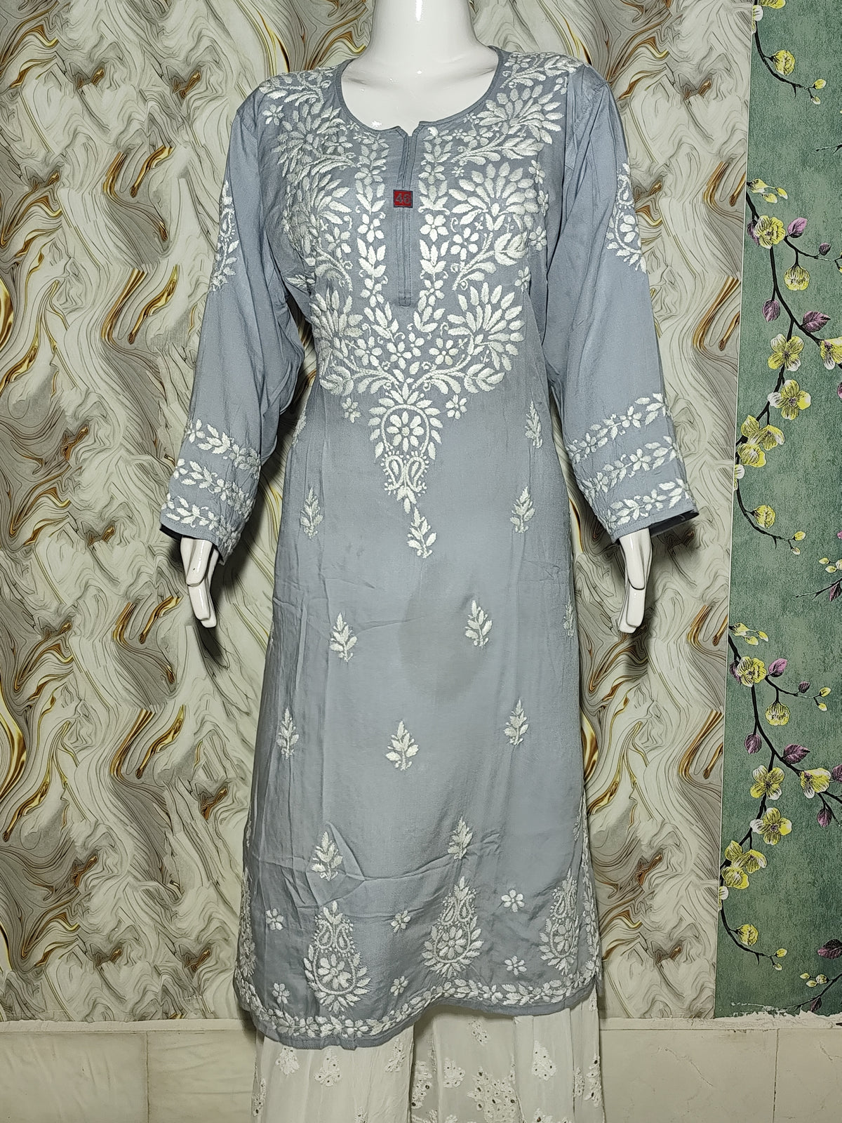 Slate Grey Lucknowi Chikankari Modal Kurti