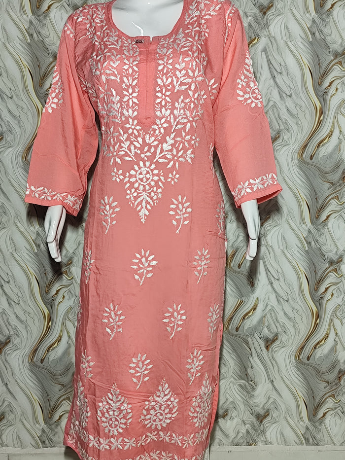 Peach Coral Lucknowi Chikankari Modal Kurti